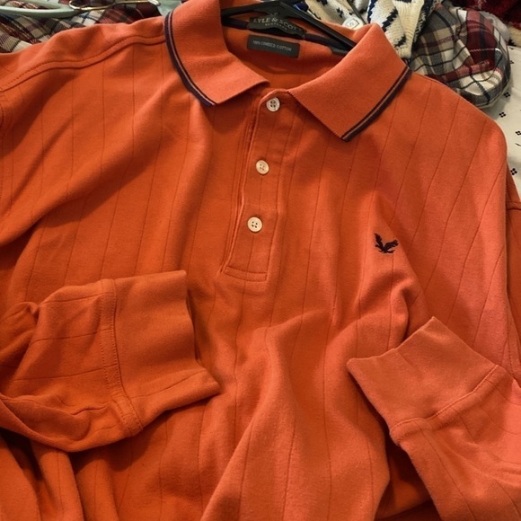 Lyle & Scott Scotland 100% combined cotton orange blk long sleeve polo shirt - Picture 9 of 10